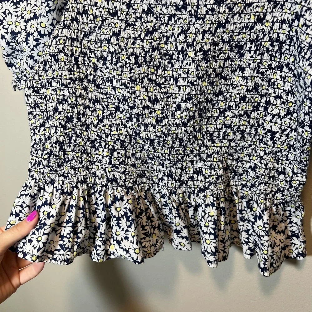 J. Crew Puff Sleeve Smocked Peplum Daisy Floral Top Navy White Cotton Medium
